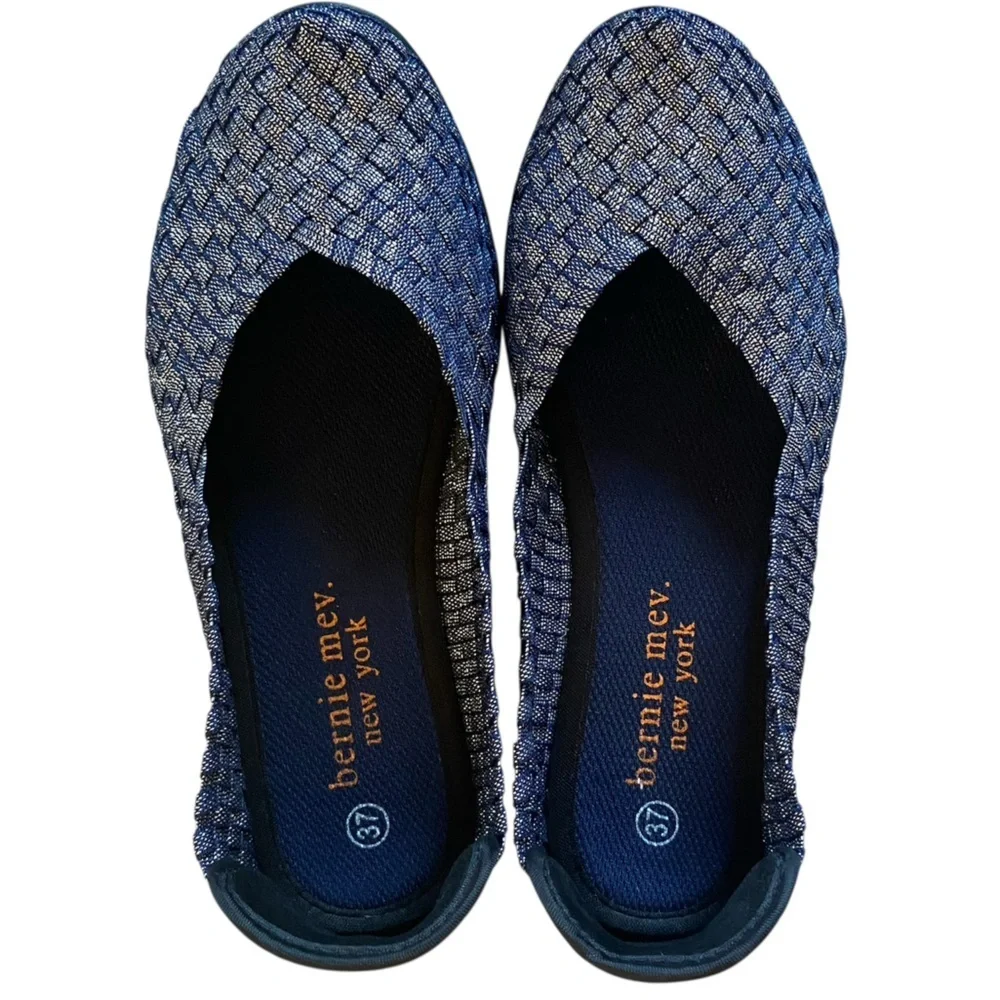 BERNIE MEV Catwalk Ballet Flats Woven Stretch Navy Shimmer Women US 6.5 EU 37